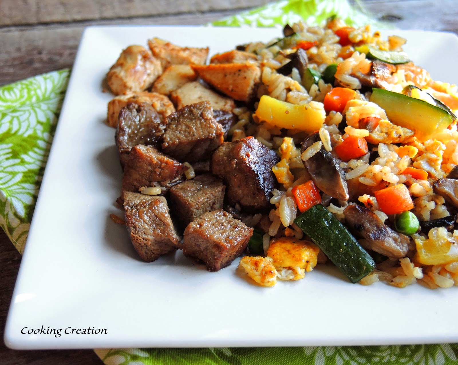 Cooking Creation NY Strip Steak & Chicken Stir Fry with Jasmine Rice