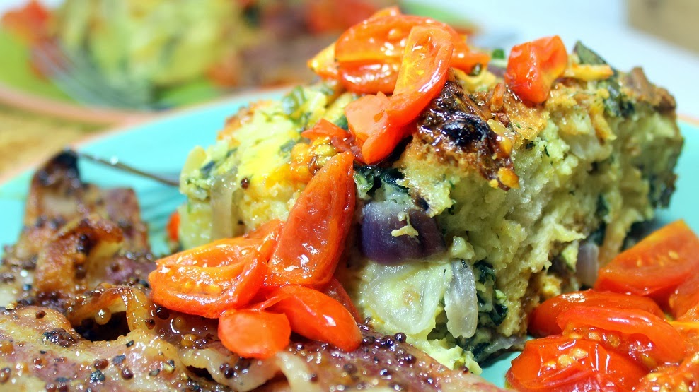 52 Ways to Cook Red Onion, Spinach Cheesy STRATA with Sauteed Cherry