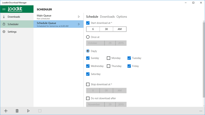 scheduling feature of Loadkit Download Manager for Windows 10