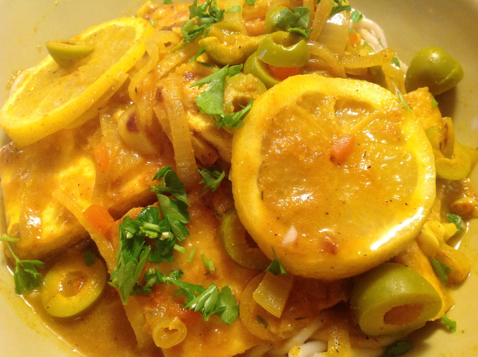 The "V" Word Moroccan Tofu in a LemonOlive Sauce over Spaghetti