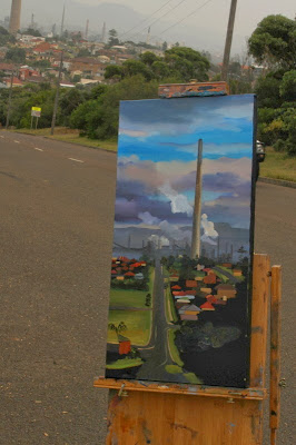 Urban decay - plein air oil painting of the Port Kembla Copper stack by industrial heritage artist Jane Bennett