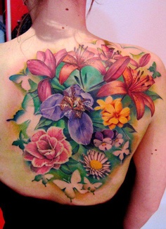 Colorful awesome garden flower tattoo on full back 