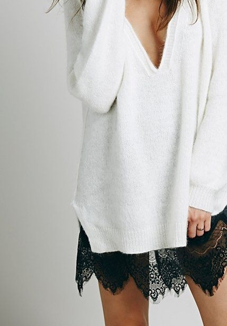 Oversized white knit angora, black lace slip dress, style Oversized white knit angora, black lace slip dress, style