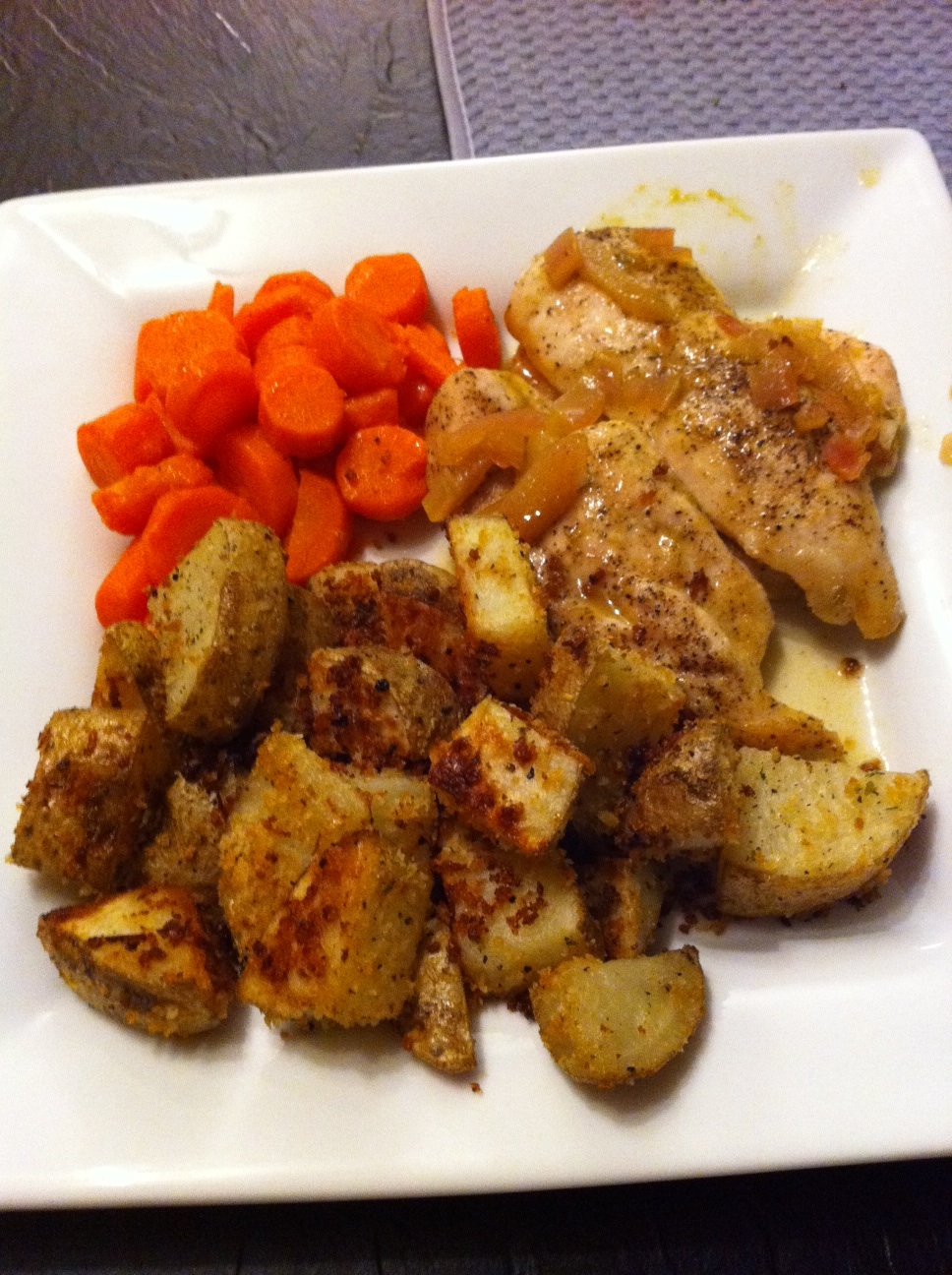 Orange Thyme Chicken with Crispy Parmesan Potatoes and Glazed Carrots