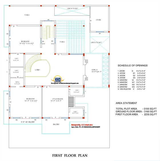 First floor plan of Indian home design - 5100 Sq. Ft.  (474 Sq.M.) (567 Square Yards) - April 2012