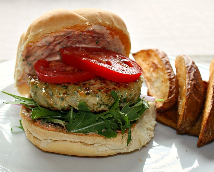 Vanilla Clouds and Lemon Drops Chicken, Rocket & Spicy Red Pesto Burgers