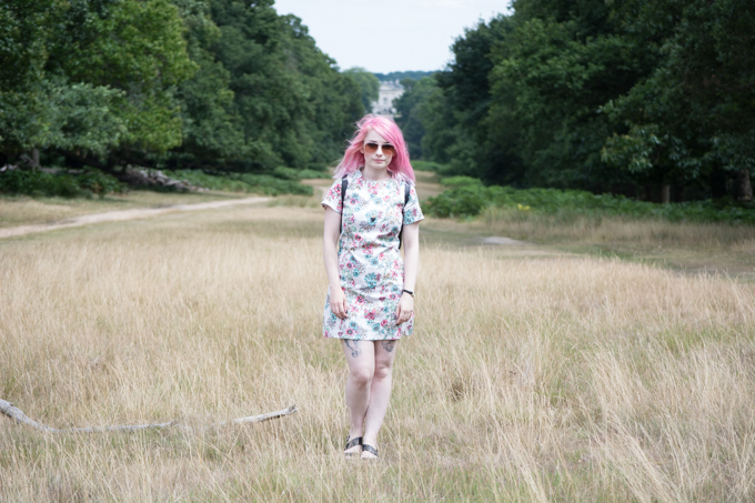 printed floral primark dress pink hair in richmond park london