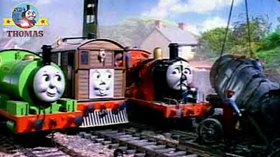 Toby train tram and Percy the small engine with steam locomotive James the splendid engine in a mess