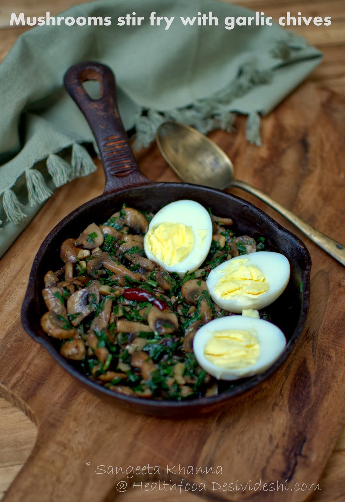 mushrooms stir fry with garlic chives with a hint of balsamic vinegar