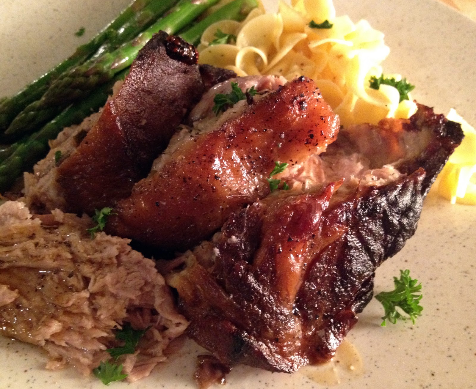 37 Cooks Braised Pork Shoulder with Noodles, Asparagus with