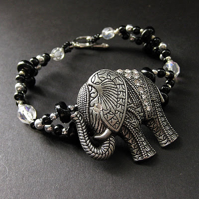 Elephant Charm Bracelet in Pewter and Rhinestones