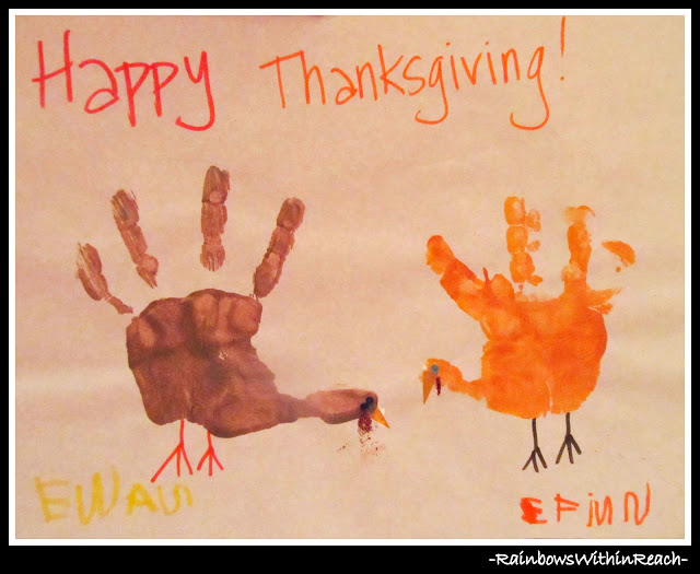 photo of: Hand prints painted as turkeys for Thanksgiving (RoundUP of all things turkey via RainbowsWithinReach)