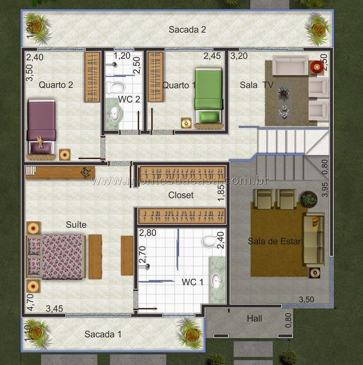 Planta de casa de 2 pavimentos com 4 quartos
