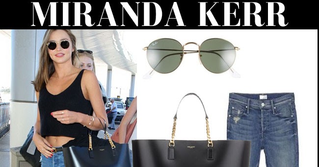 Miranda Kerr in black crop top with skinny jeans and black shopper at LAX  on August 12 ~ I want her style - What celebrities wore and where to buy  it. Celebrity Style
