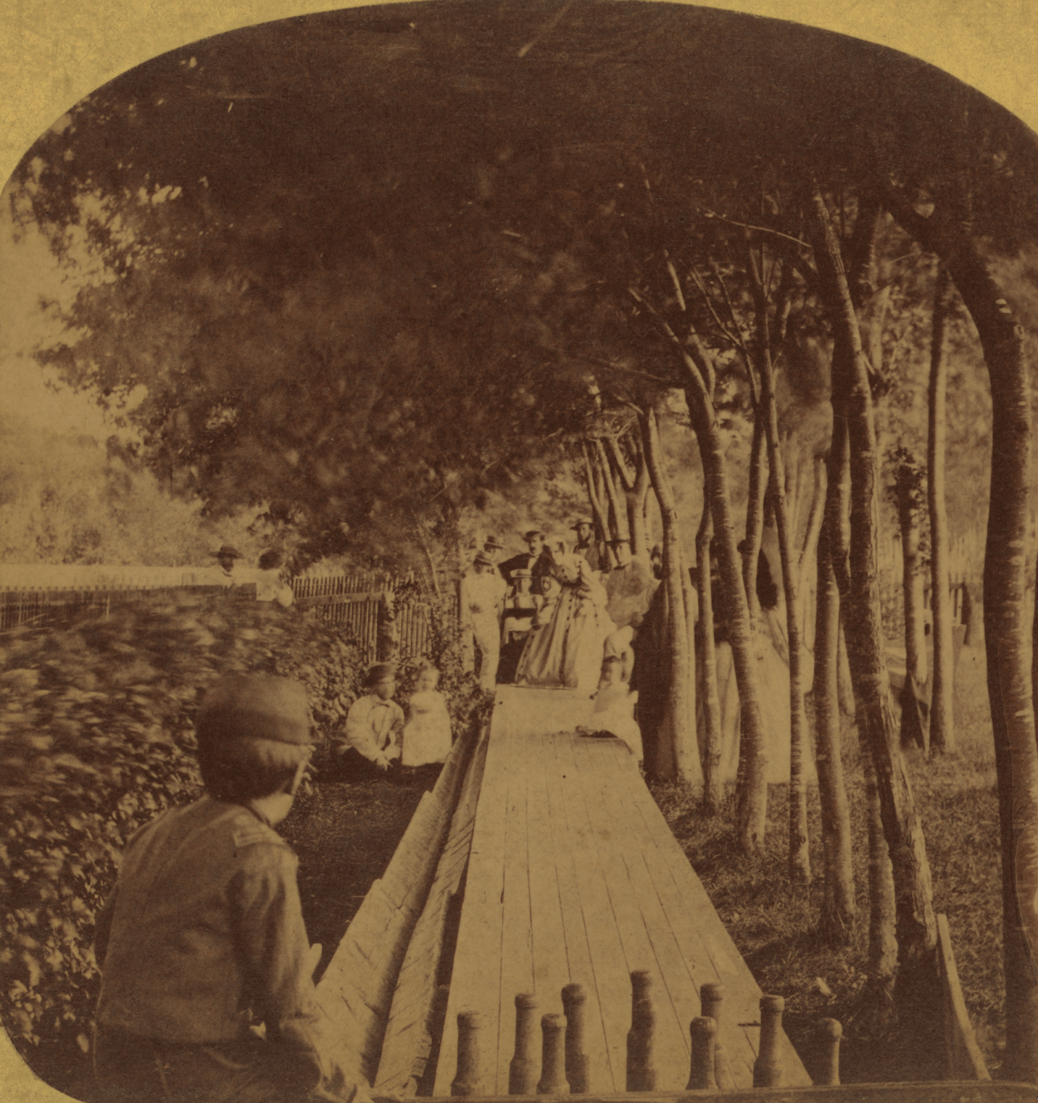 Scene of a family group bowling on Independence Day, July 4, 1861