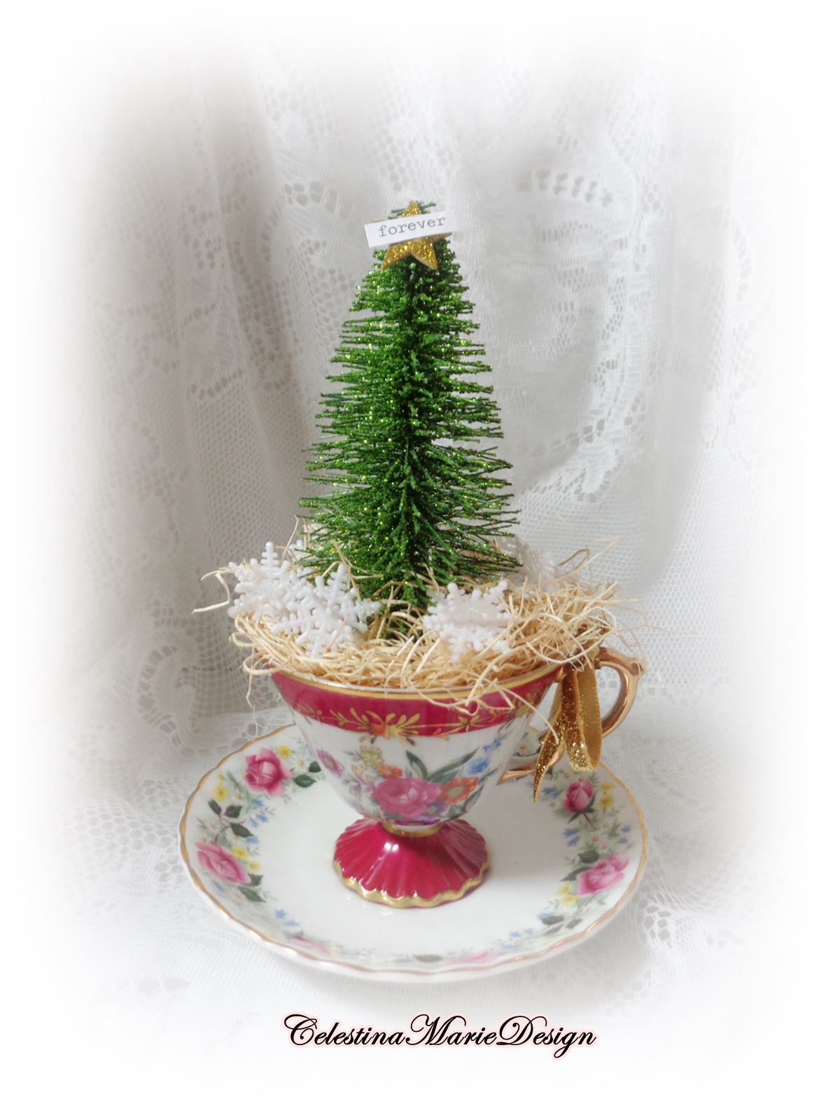 Tea Cups, Muffin Cups and Peat Pot Christmas Tree Accents Rose Garden