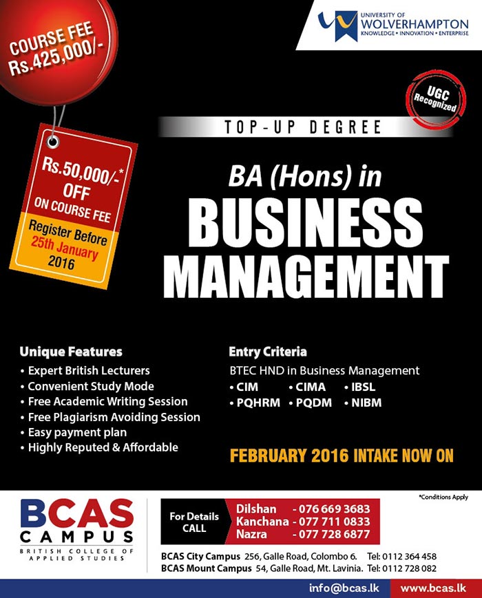 Established in 1999, British College of Applied Studies popularly known as BCAS CAMPUS has  rapidly grown into one of the few leading vocational and tertiary training providers in Sri Lanka with comparatively a large number of students in the private sector higher education with strong UK collaboration.  In Sri Lanka, BCAS CAMPUS has branches in two main cities in the Central and Eastern Provinces – Kandy, Batticaloa and a highly successful overseas campus in the State of Qatar.  The institution is thus viewed in high esteem in Sri Lanka for its exceptional quality, recognition and market relevant training.  