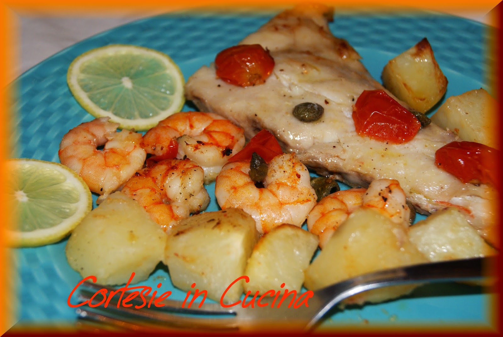 Filetto di Persico al forno con Patate e Gamberetti 