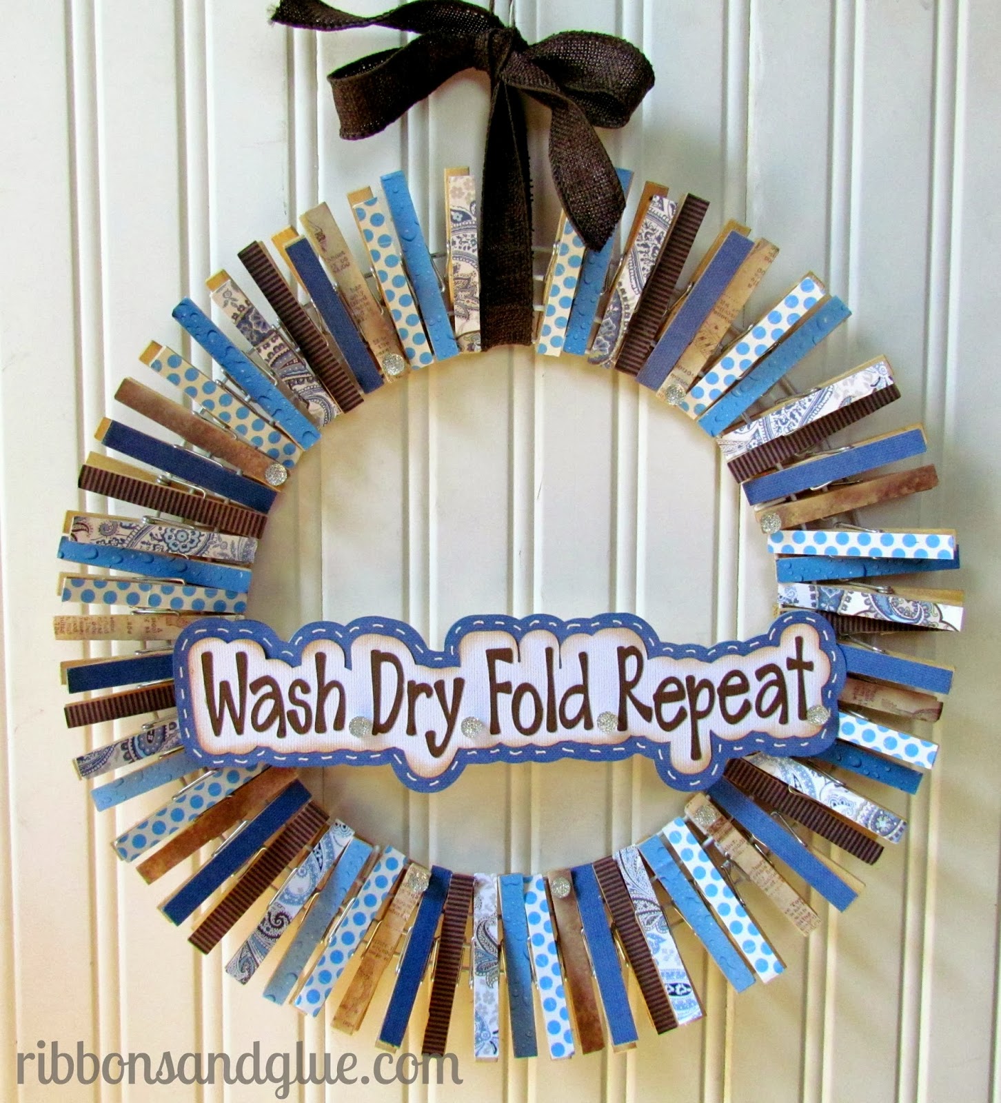 Laundry Room Clothespin Wreath Ribbons & Glue