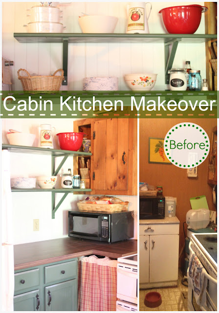 Cabin Kitchen makeover with bead board, open shelving and a removable countertop vis www.goldenboysandme.com