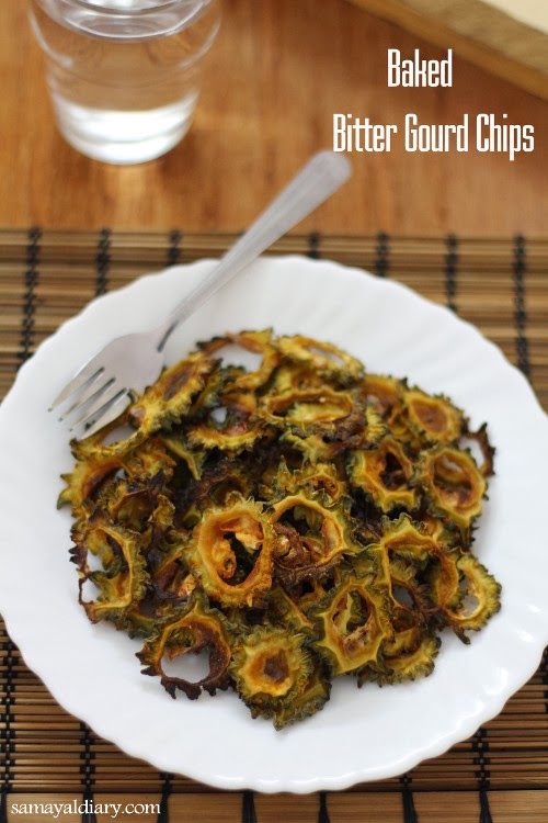 Baked Bitter Gourd Chips Indian Fritters Samayal Diary