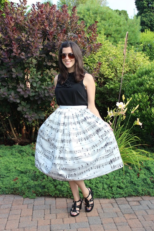 Chic Wish 2015 SS Dance With Music Notes Pleated Midi Skirt 