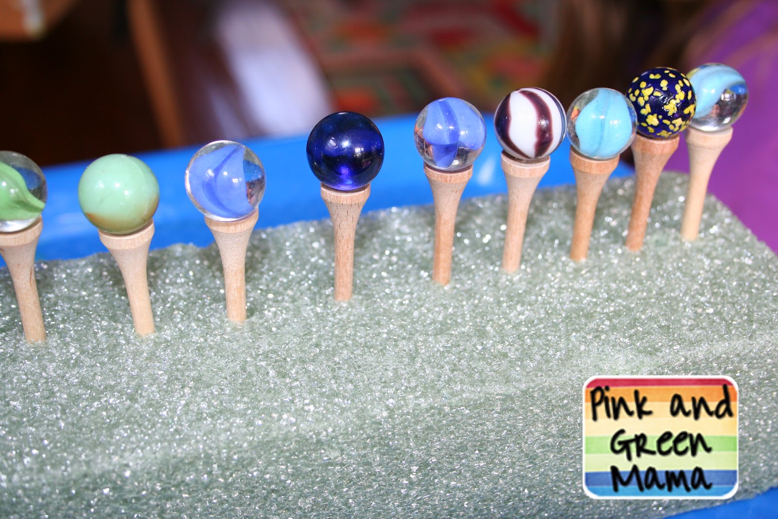 Pink and Green Mama Preschool At Home Marbles and Golf Tee Game