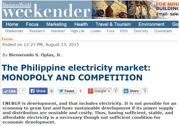 Government and Taxes BWorld 15, The PH electricity market