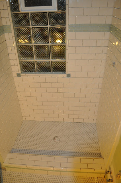 bathroom, reno, subway tile, sea glass tile, glass tile, white grout, grout, glass block window, 