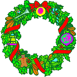 Christmas wreath clip art picture decorated with flowers,gingerbread man cookies and baubles