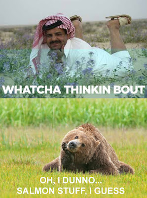what are you thinking, funny arab in a flower field and cogitating bear