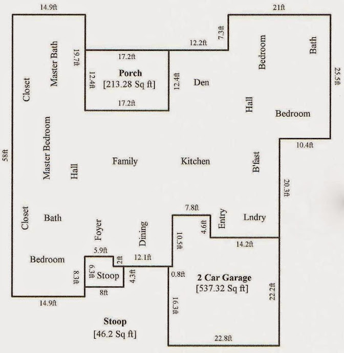 Actual floor plan of house (added outdoor patio extension area not included in depiction)