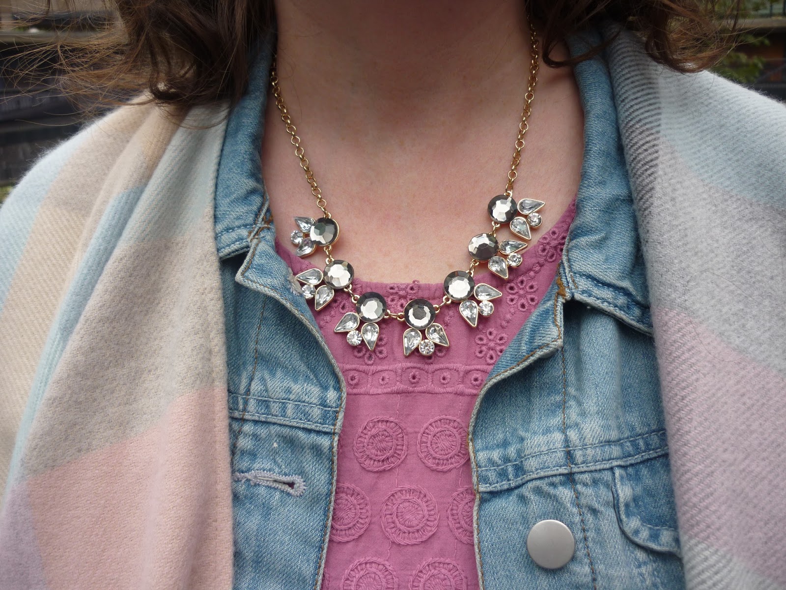 Denim Jacket, Embroidery Anglaise Top, Wrap, Grey & Opal Necklace | Petite Silver Vixen