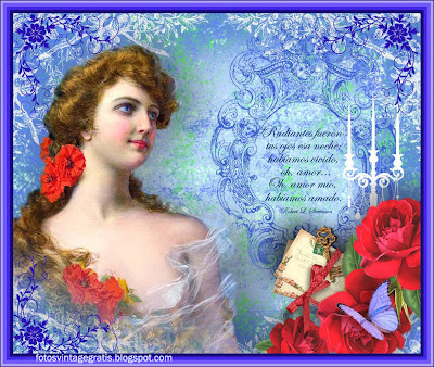 fondo vintage azul con dama victoriana y flores rojas