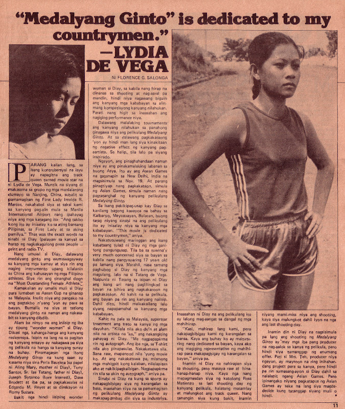 PELIKULA, ATBP. LYDIA DE VEGA "MEDALYANG GINTO" IS DEDICATED TO MY