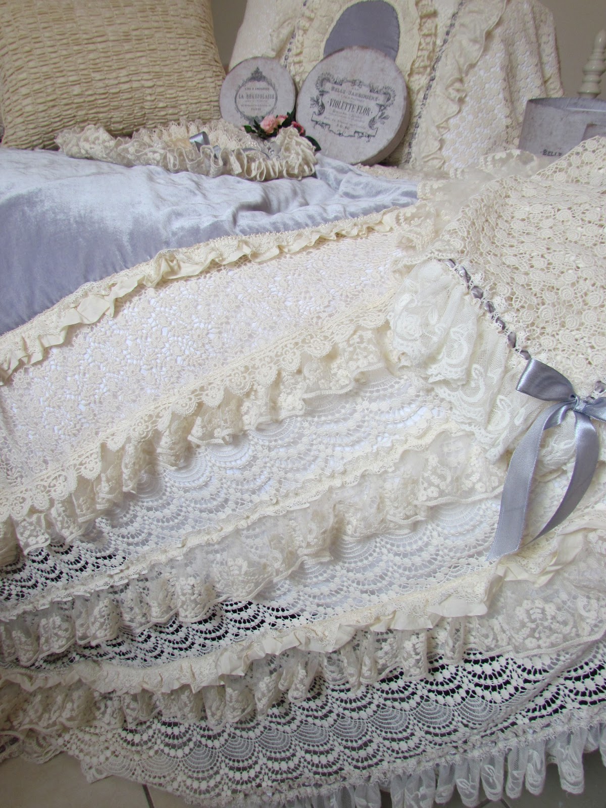 Angela Lace Lacey Grey Bed Throw