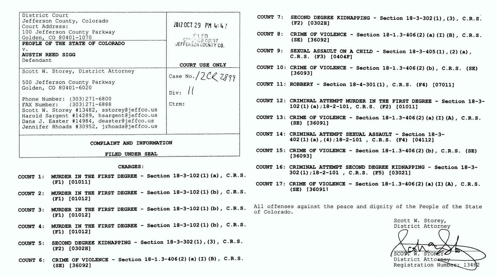 UNSEALED: Charging document regarding teen killer Austin Reed Sigg - 17 counts of kidnapping, robbery, sex</body></html>