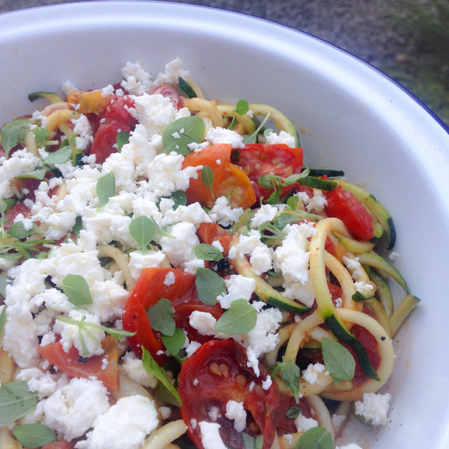 zoodles with roasted tomatoes, garlic, feta and basil