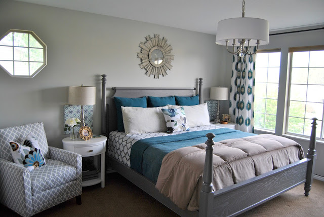 lighting, lighting design, chandelier, drum shade chandelier, white drum shade, crystal chandelier, aloof gray, teal, teal bedroom, teal and gray, curtains, white and teal, giveaway, sunburst mirror, sunburst mirror over bed, gray bed