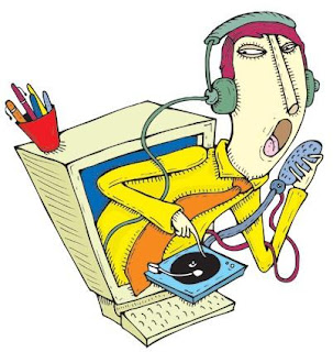 A guy coming out of the computer screen with headphones and microphone with his had a record player