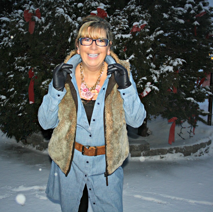 Chambray Shirt Dress, Fur Vest and my Yosa Necklace