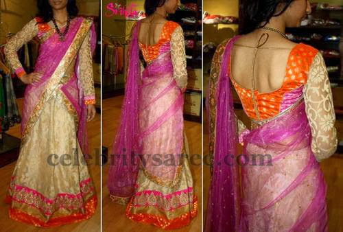 Benaras Cream and Pink Half Sari