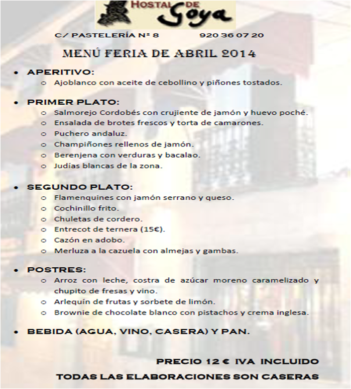 HOSTAL DE GOYA MENÚ FERIA DE ABRIL 2014