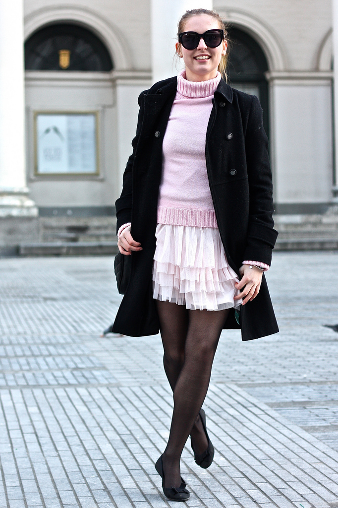 pink skirt black tights