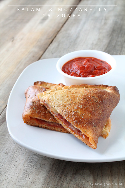 Salami and Mozzarella Calzones - an easy dinner idea sure to become a family favorite! Recipe at LoveGrowsWild.com