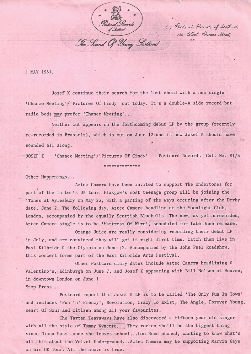 sound of young scotland Postcard Records 1981 press release