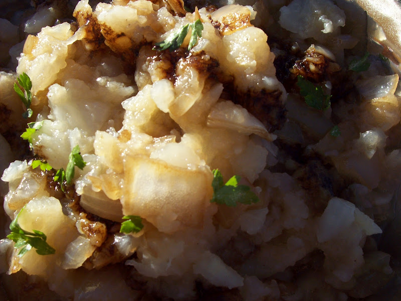 mashed turnips with caramelized onions and balsamic title=