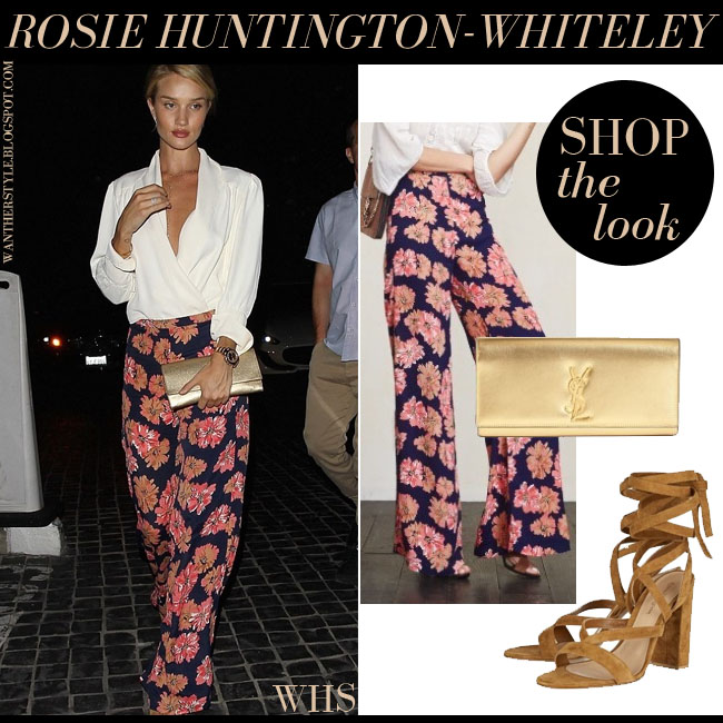 Rosie HuntingtonWhiteley in white blouse, flower print pants with gold