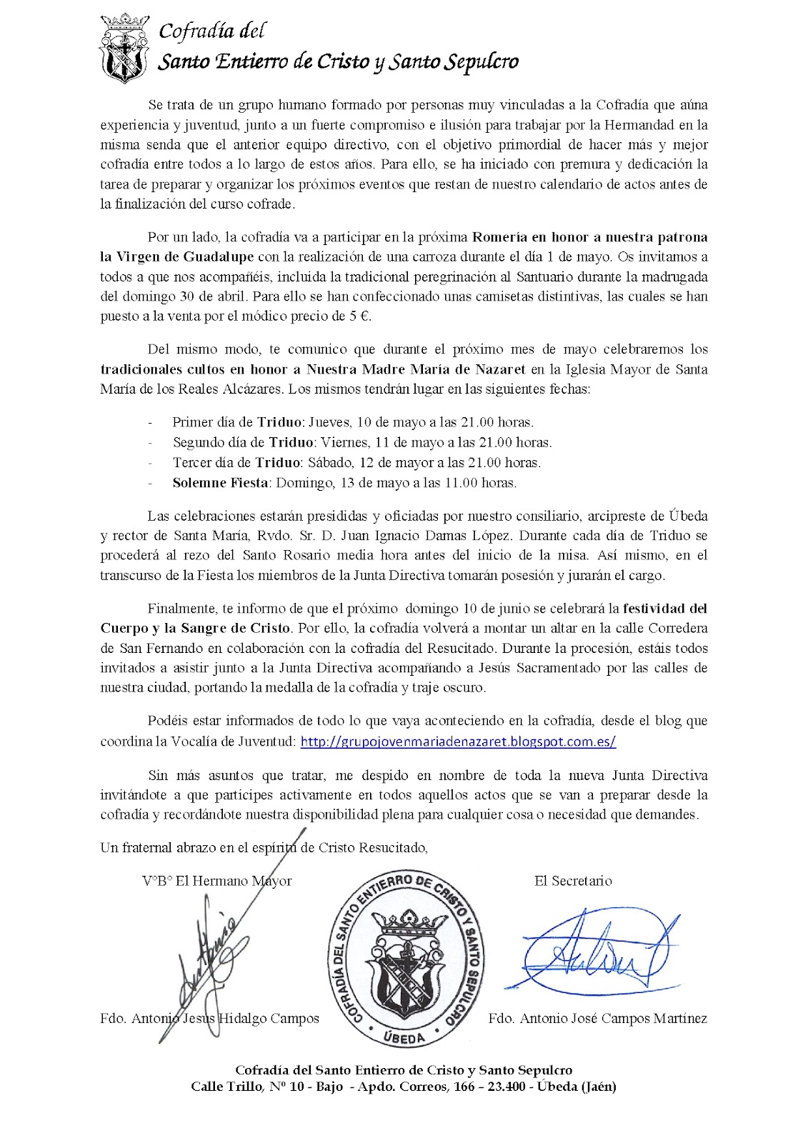 Maria De Nazaret Carta De Presentacion De Junta Directiva Romeria Y Triduo En Honor A Maria De Nazaret