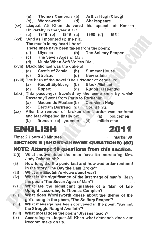 English-2011-five-year-paper-class-XII